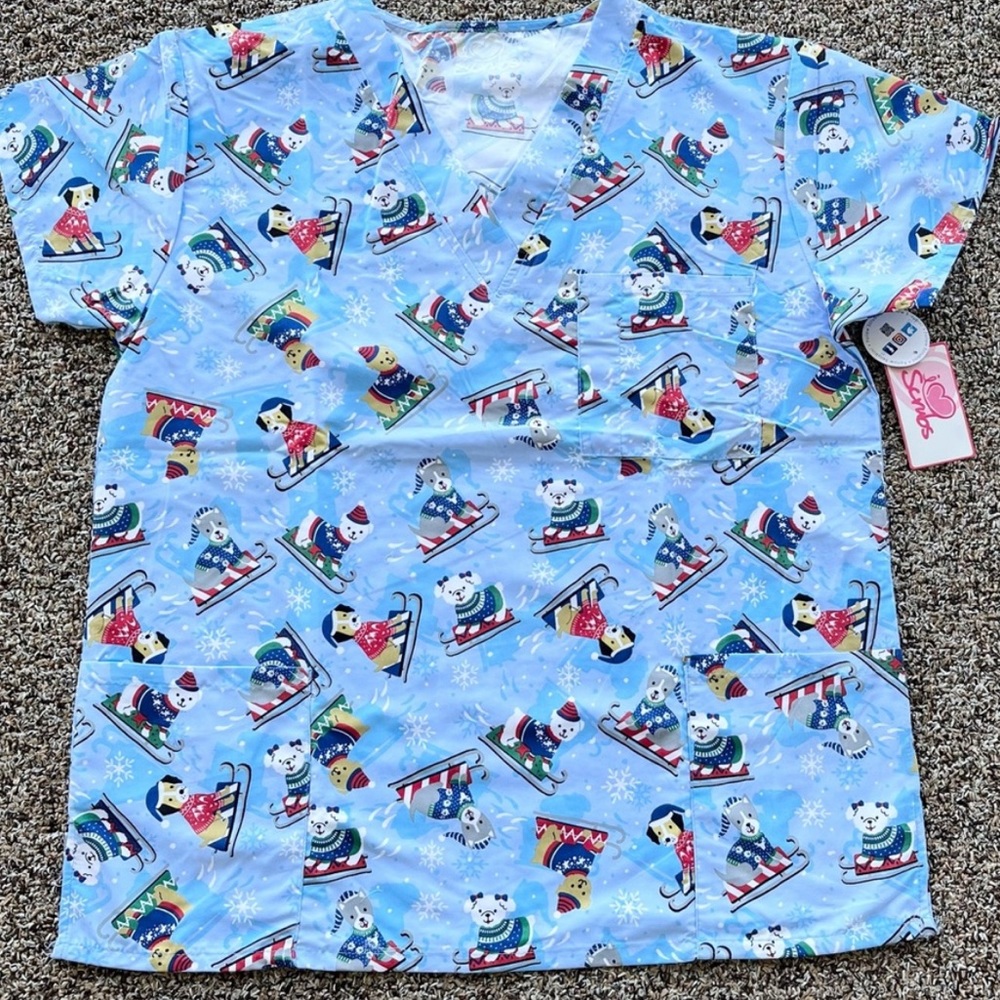 NWT Women’s XL Holiday Dog Print I Love Scrubs Scrub Top